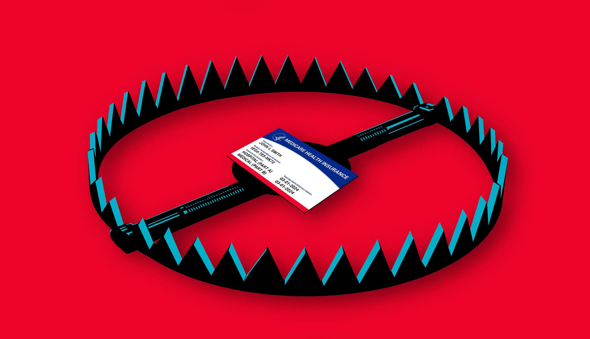 watch out for medicare scams a medicare card sits in the middle of a spring trap