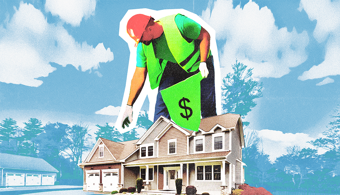 Utility scams take advantage of people in difficult circumstances a man in safety gear and a bag with a $ on it stands over a house