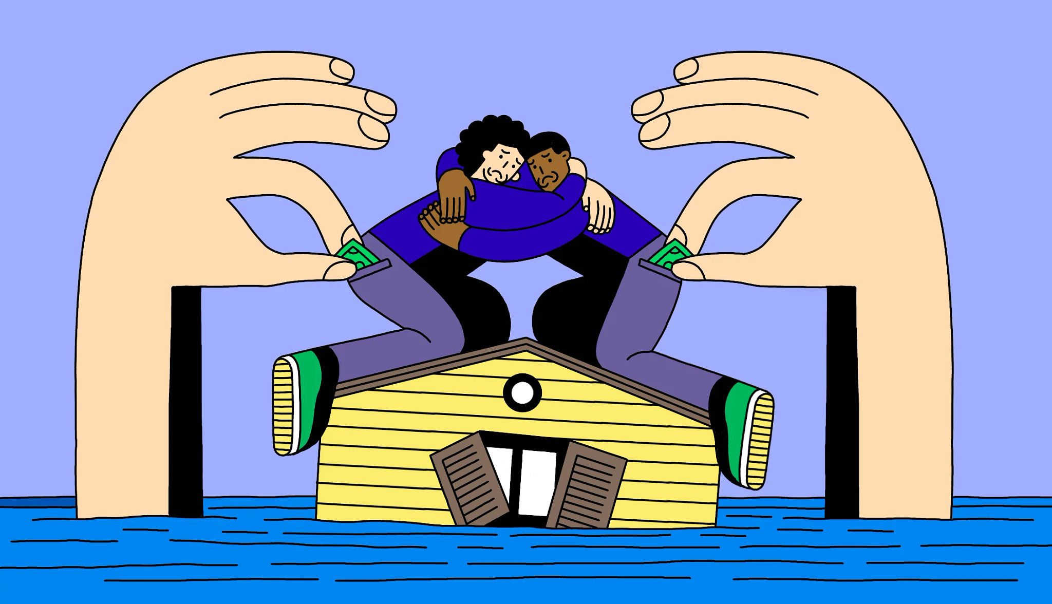 How to avoid disaster fraud and FEMA scams two people embrace on the roof of a flooded home while hands reach to steal money from their pockets